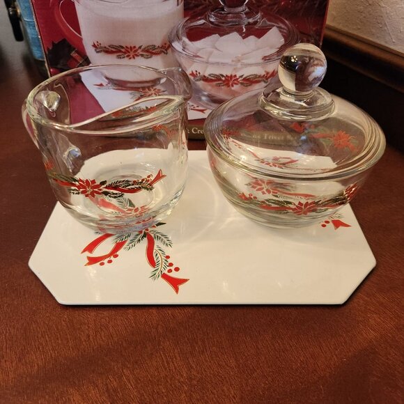 3 Pc Anchor Hocking Holiday Sugar & Creamer Set Poinsettia and Ribbon Design - Picture 1 of 10